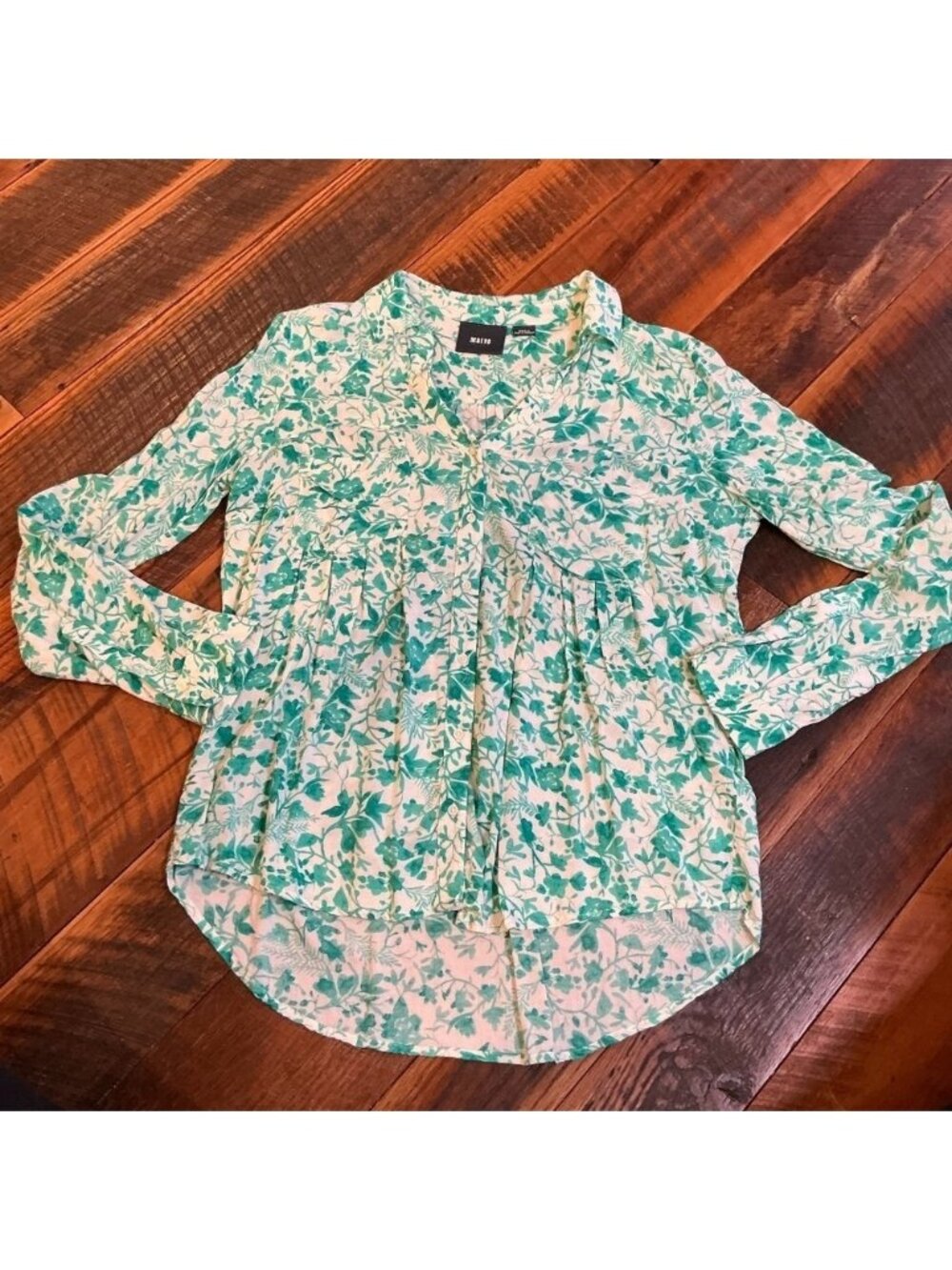Maeve Anthropologie Green Floral Print Button Down Blouse Size Small